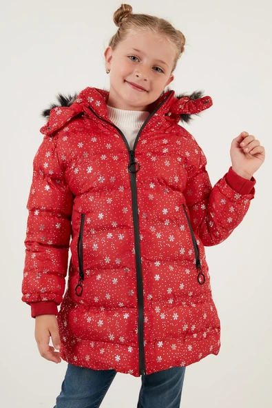 Life For Moda Kız Çocuk Desenli Fermuar Cepli Tüylü Kapüşonlu Şişme Mont Kaban 7022 - 8