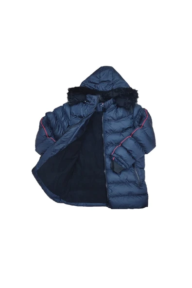Life For Moda Erkek Çocuk Şerit Detaylı Fermuar Cepli Tüylü Kapüşonlu Şişme Mont Kaban 4001 - 6