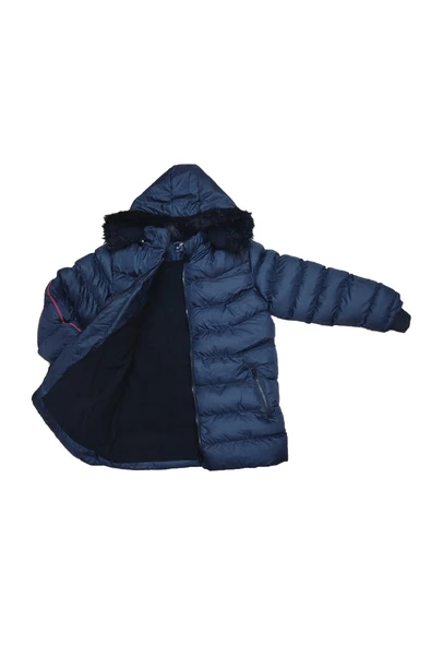 Life For Moda Erkek Çocuk Şerit Detaylı Fermuar Cepli Tüylü Kapüşonlu Şişme Mont Kaban 4001 - 5