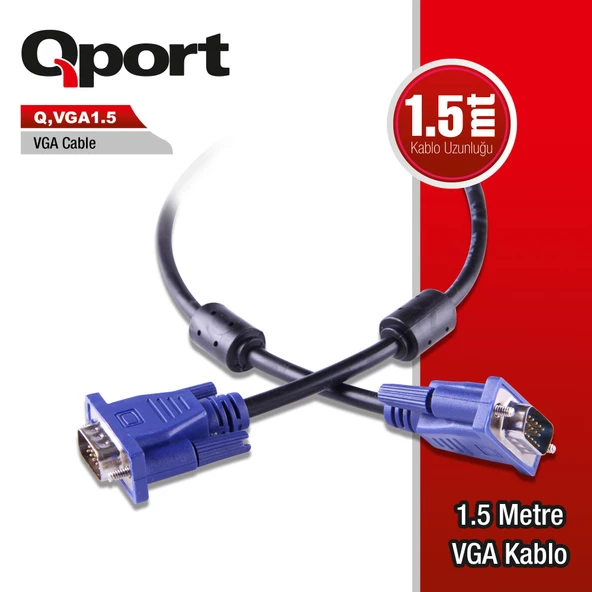 QPORT Q-VGA1.5 15 PİN FİTRELİ 1.5 METRE ERKEK ERKEK MONİTÖR KABLO