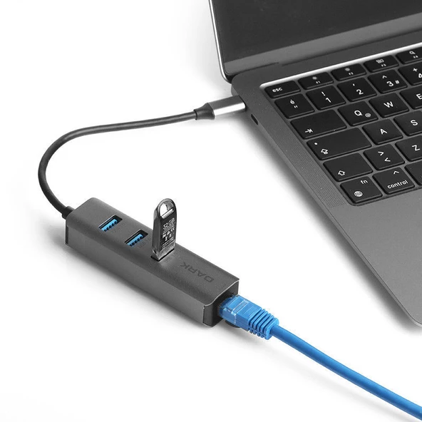 DARK USB3.1 TypeC - 3 x USB3.0 HUB ve 1 x Gigabit Ethernet DK-AC-U31X3GL - 3