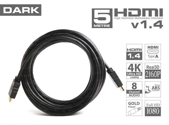 DARK 5 Metre 4K - 3D, Ağ Destekli, Dual Molding,Altın Uçlu HDMI Kablo DK-HD-CV14L500