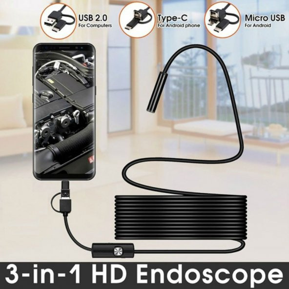 Endoskop 3 in 1 Yılan Kamera USB Micro Usb Type-C Uyumlu 15M