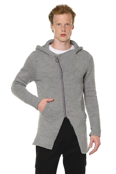 Erkek Fermuarlı Kapüşonlu Asimetrik Triko Uzun Salaş Spor Hırka - 9