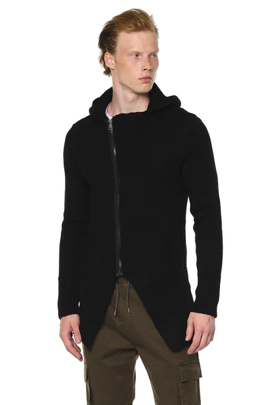 Erkek Fermuarlı Kapüşonlu Asimetrik Triko Uzun Salaş Spor Hırka - 5