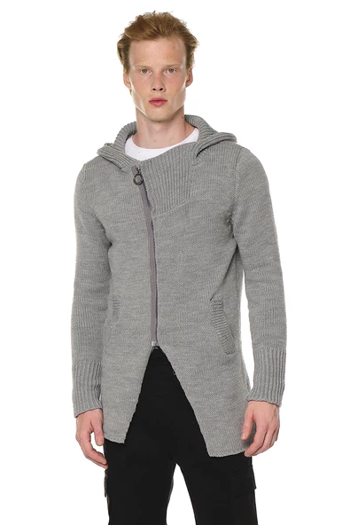 Erkek Fermuarlı Kapüşonlu Asimetrik Triko Uzun Salaş Spor Hırka