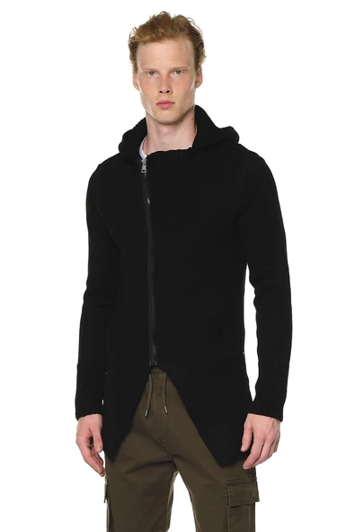 Erkek Fermuarlı Kapüşonlu Asimetrik Triko Uzun Salaş Spor Hırka - 2