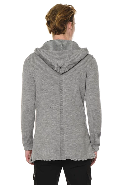 Erkek Fermuarlı Kapüşonlu Asimetrik Triko Uzun Salaş Spor Hırka - 11