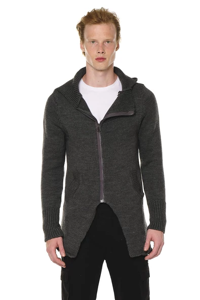 Erkek Fermuarlı Kapüşonlu Asimetrik Triko Uzun Salaş Spor Hırka - 4