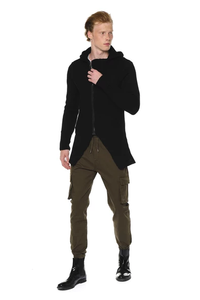 Erkek Fermuarlı Kapüşonlu Asimetrik Triko Uzun Salaş Spor Hırka - 8