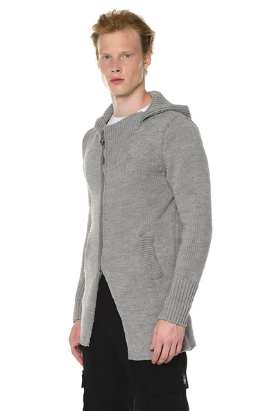 Erkek Fermuarlı Kapüşonlu Asimetrik Triko Uzun Salaş Spor Hırka - 10