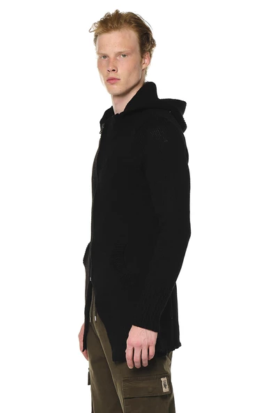 Erkek Fermuarlı Kapüşonlu Asimetrik Triko Uzun Salaş Spor Hırka - 6