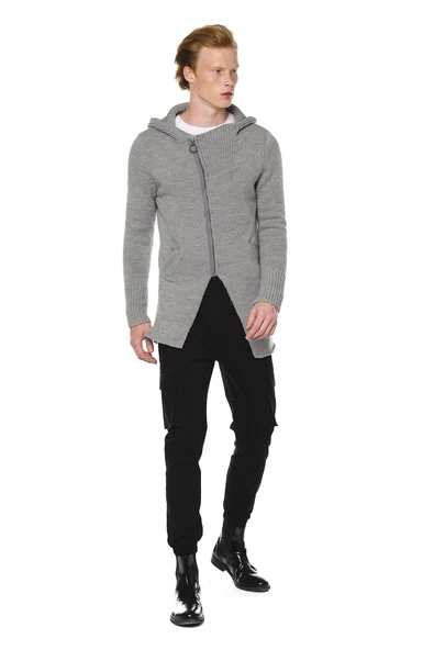 Erkek Fermuarlı Kapüşonlu Asimetrik Triko Uzun Salaş Spor Hırka - 12