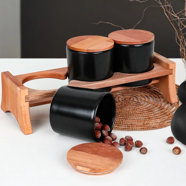 Keramika Mat Siyah Ege  Ahşap Standlı Saklama Kabı 10 cm 3 Parça - 3