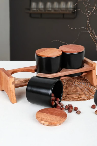 Keramika Mat Siyah Ege  Ahşap Standlı Saklama Kabı 10 cm 3 Parça - Resim 3