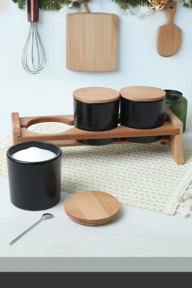Keramika Mat Siyah Ege  Ahşap Standlı Saklama Kabı 10 cm 3 Parça - Resim 2