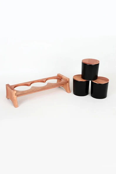 Keramika Mat Siyah Ege  Ahşap Standlı Saklama Kabı 10 cm 3 Parça - Resim 5