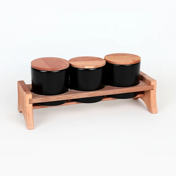 Keramika Mat Siyah Ege  Ahşap Standlı Saklama Kabı 10 cm 3 Parça - 4