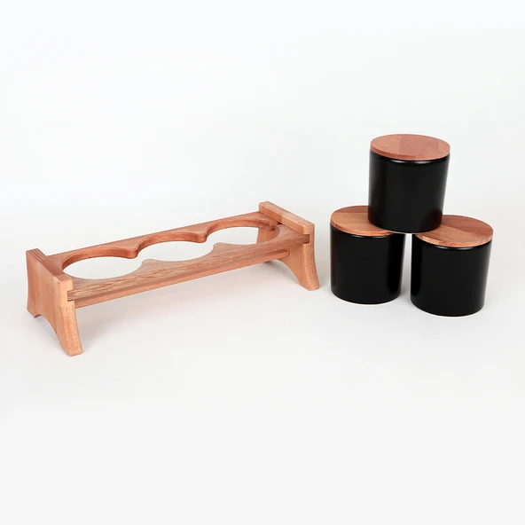 Keramika Mat Siyah Ege  Ahşap Standlı Saklama Kabı 10 cm 3 Parça - 5