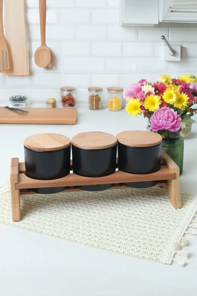 Keramika Mat Siyah Ege  Ahşap Standlı Saklama Kabı 10 cm 3 Parça ürün görseli