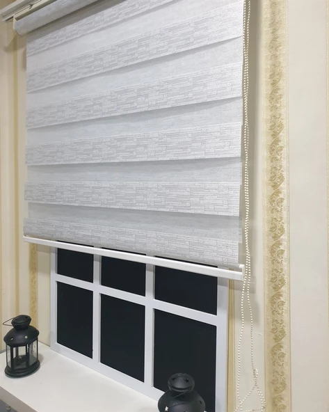 Simli Jakar Taş Desen Stor Zebra Gri Gümüş Sim Etek Dilimli  STB 12001  Gri 140 x 200 - Resim 2