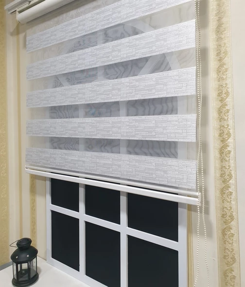 Simli Jakar Taş Desen Stor Zebra Gri Gümüş Sim Etek Dilimli  STB 12001  Gri 140 x 200 ürün görseli 1