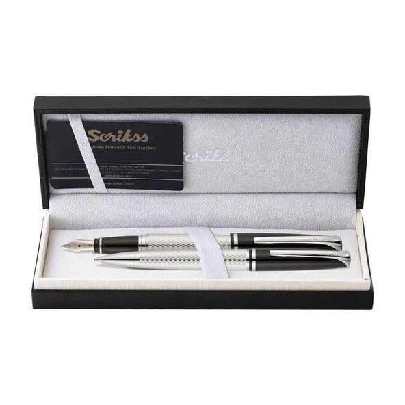 Scrikss 477 Dolma + Tükenmez Kalem Seti Siyah Krom Lüks Kutulu - Resim 2