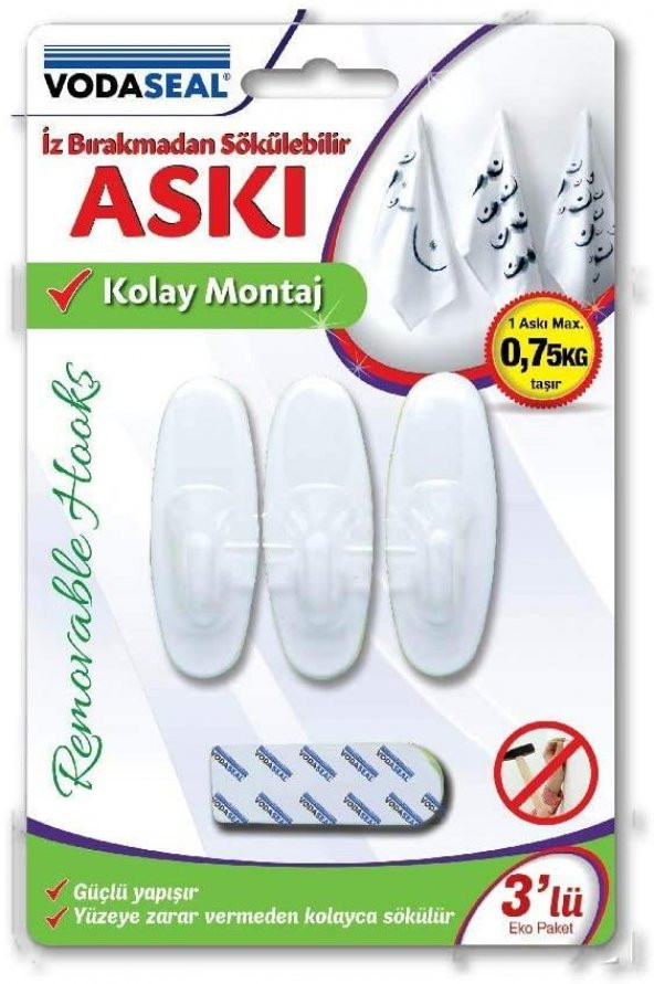 Vodaseal Iz Bırakmadan Sökülebilir Askı Beyaz Oval 3lü