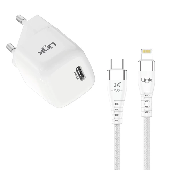 Linktech G821 Supper Silicon Tech 20W PD USB-C Seyahat Şarj Aleti Lightning Kablo Set Beyaz