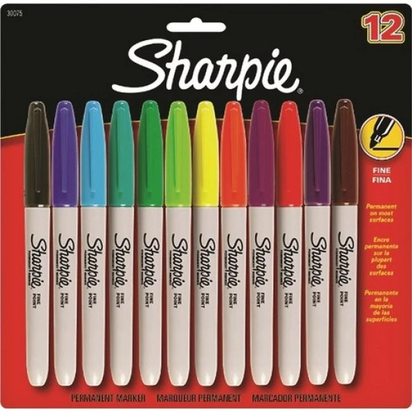 Sharpie Fine Permanent Markör, Ince Uç, Karışık Renkler, 12'li Blister