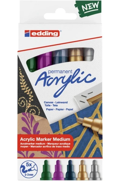 Edding 5100 Akrilik Markör 5’Li Paket (Metalik) - Yeşil Mor Mavi Gümüş Altın - 2-3 Mm’Lik Yuvarlak Uç