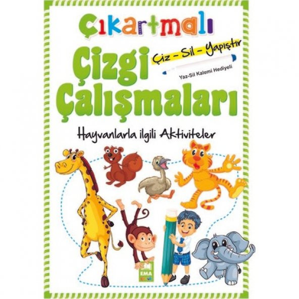 Çıkartmalı Çizgi Çalışmaları Çizsilyapıştır Hayvanlarla İlgili Aktiviteler (Yazsil Kalemi Hediyeli)