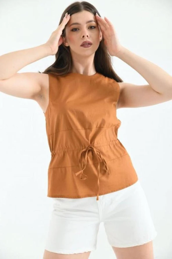 Bisiklet Yaka Kolsuz Bağcıklı Kahve Kadın Bluz - Resim 4