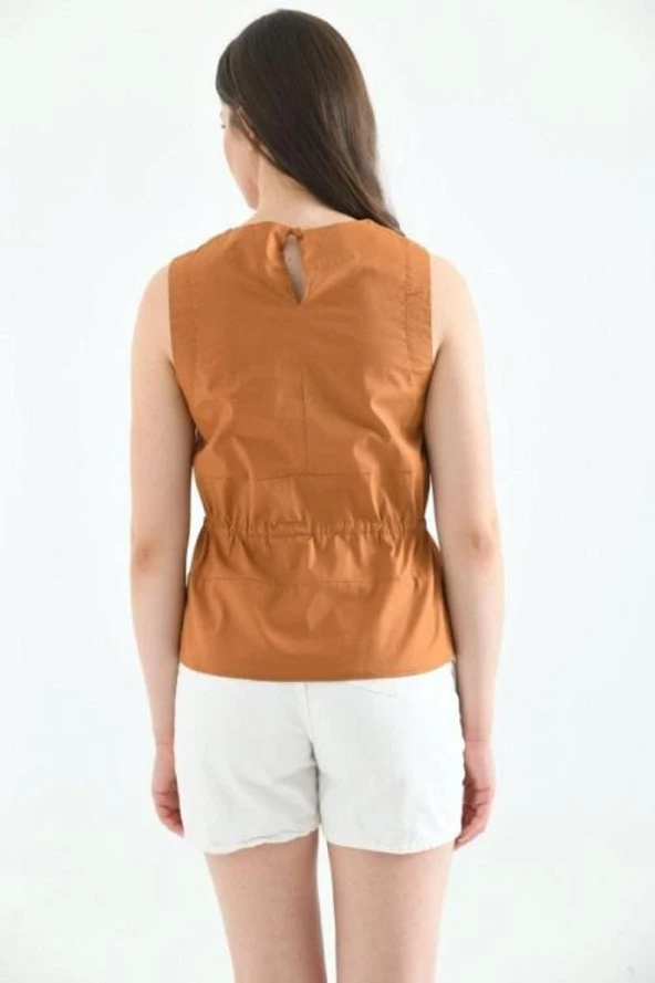 Bisiklet Yaka Kolsuz Bağcıklı Kahve Kadın Bluz - Resim 5