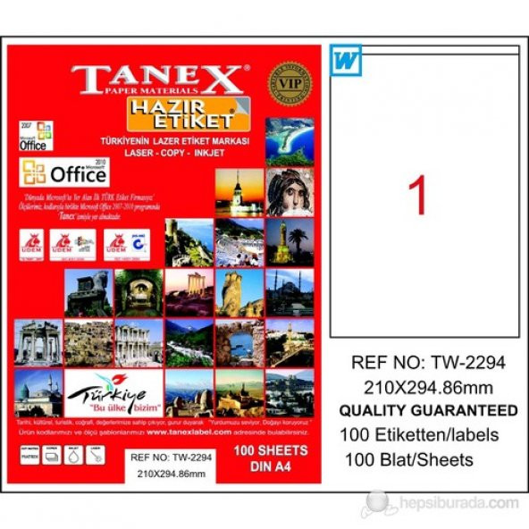 Tanex TW-2294 210x294,86 mm Laser Etiket 100 Ad. - 1