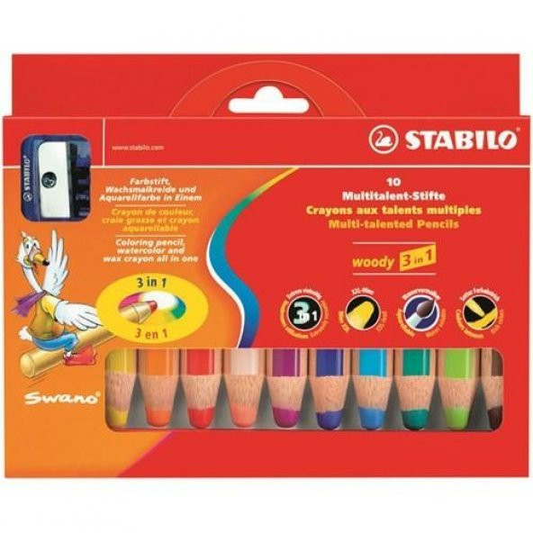 Stabilo Woody Boya Kalemi 3 İn 1 10 Renk + 1 Kalemtraş Karton Kutu - 1