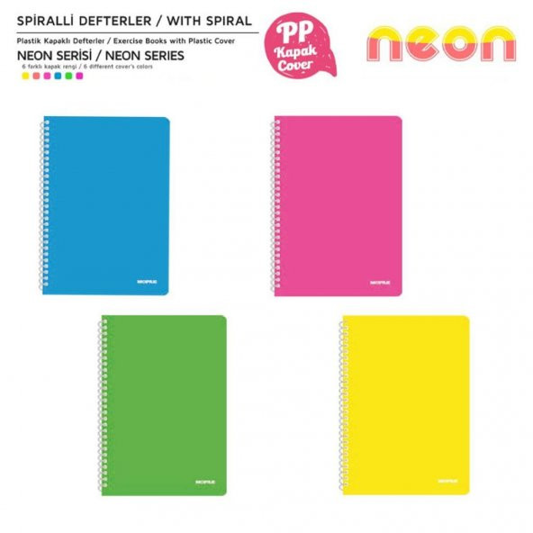 Mopak Neon Serisi Spiralli Defter PP Kapak 96 Yaprak Kareli 4LÜ