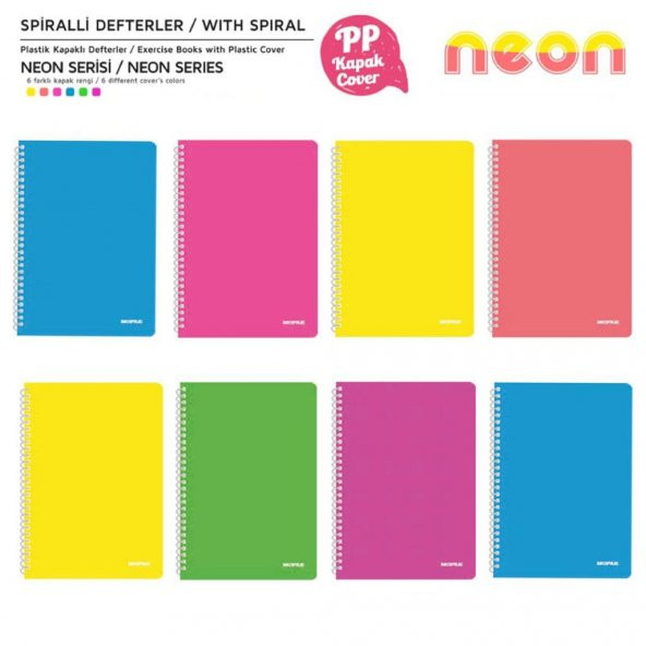 Mopak Neon Serisi Spiralli Defter PP Kapak 96 Yaprak Kareli 8Lİ