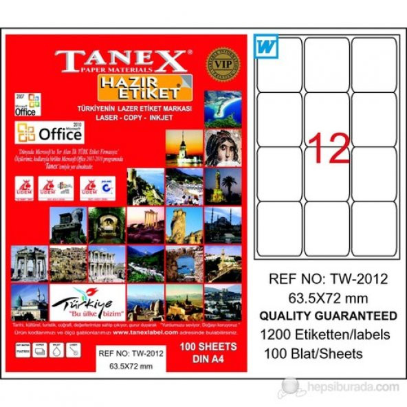 Tanex Tw-2012 63.5X72 Mm Laser Etiket 100 Ad.