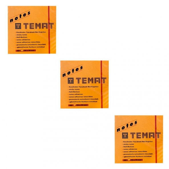 Temat 75 X 75 Mm Fosforlu Turuncu Postit - Yapışkanlı Kağıt 3LÜ