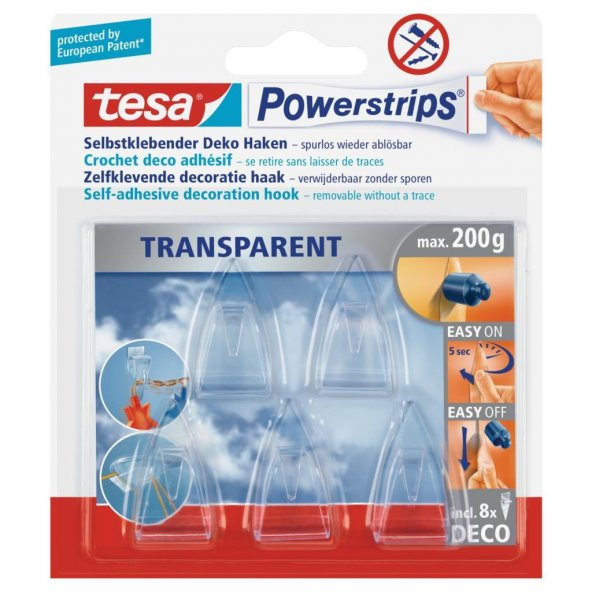 Tesa İz Bırakmadan Sökülebilir Askı - Powerstrips® Şeffaf   5 adet