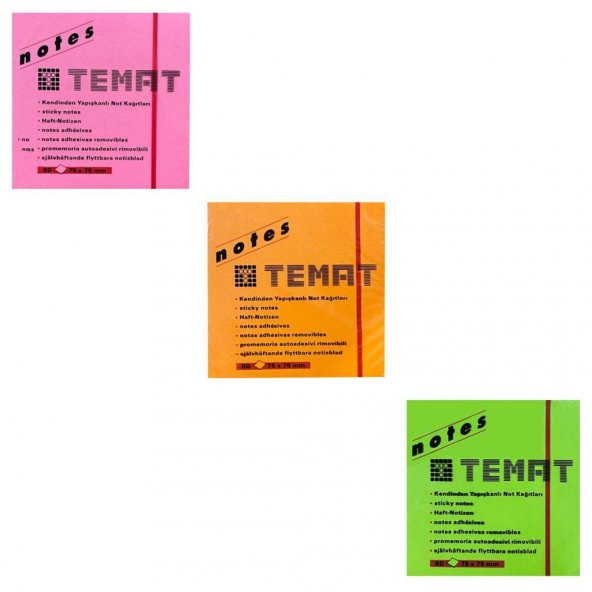 Temat 75 X 75 Mm Postit - Yapışkanlı Kağıt Fosforlu Turuncu - Pembe - Yeşil