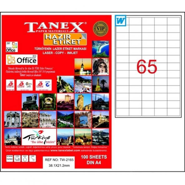 Tanex TW-2165 38,1x21,2 mm Laser Etiket 100 Ad.