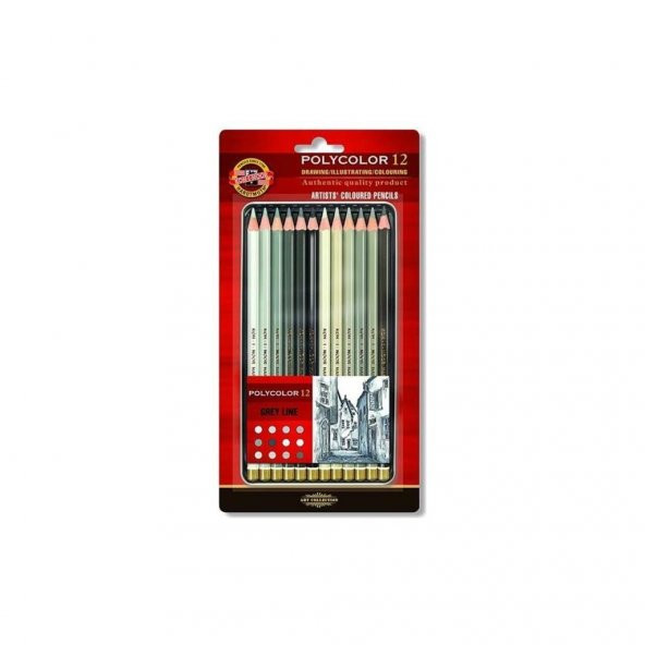 Kohinoor Polycolor Artist Kuru Boya Kalemi 12 Renk GRİ TONLAR Metal Kutu - 1