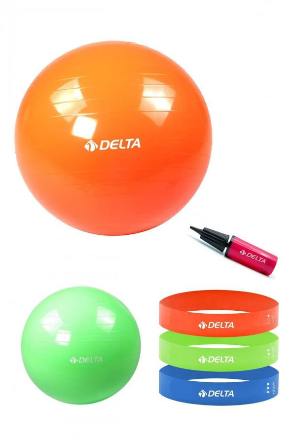 Delta 65 cm-25 cm Pilates Topu 3'lü Squat Bandı Egzersiz Direnç Lastiği Pilates Topu Pompası Seti
