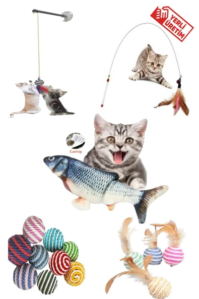 5 Li Set 1adet 90 Cm Olta 1adet Tüylü Top 1adet Vantuzlu Olta 1adet Ip Sarma Top 1 Adet Peluş Balık