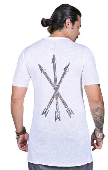Capotrio Erkek Kısa Kol Uzun Keten T-Shirt Beyaz - 2