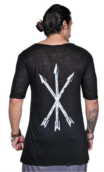 Capotrio Erkek Kısa Kol Uzun Keten T-Shirt Siyah - 3