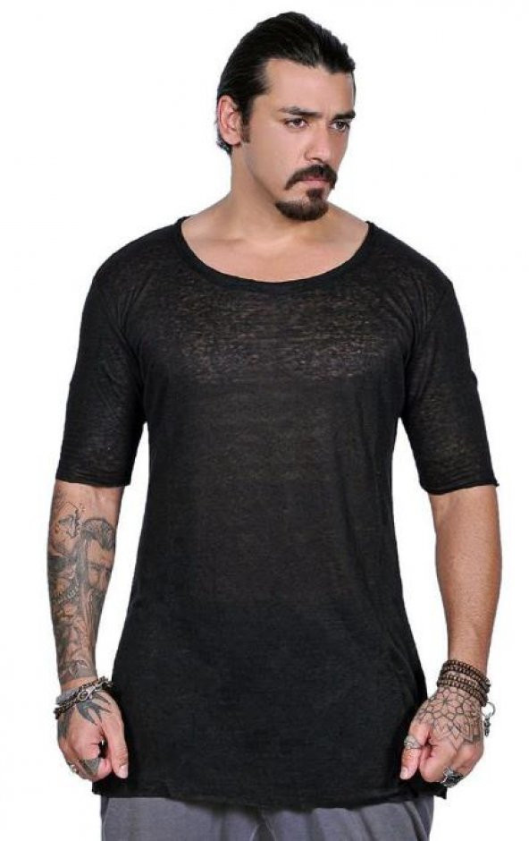 Capotrio Erkek Kısa Kol Uzun Keten T-Shirt Siyah
