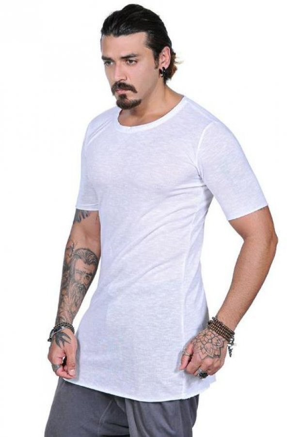 Capotrio Erkek Kısa Kol Uzun Keten T-Shirt Beyaz